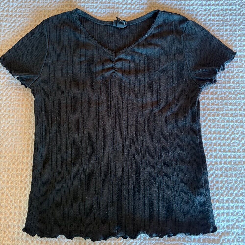 Art Class Girls Black Ribbed V-Neck Ruched Top L 10/12